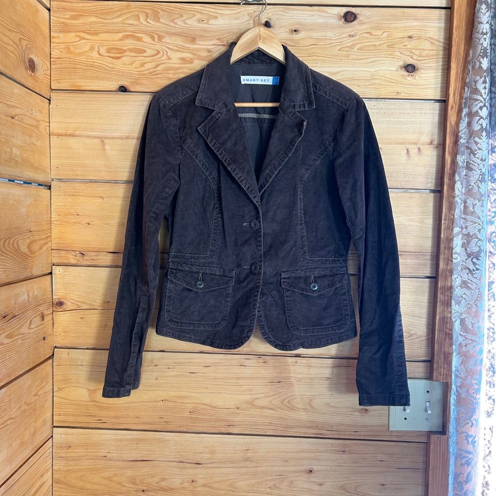 Vintage Corduroy Blazer Women Size 7 Brown Fitted Y2K Jacket Smart Set Western
